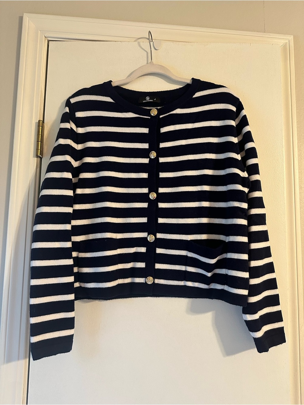 Striped Navy & White Button-Front Women's Cardigan